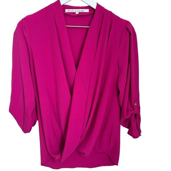 Rachel Roy Wrap Blouse Womens Small Pink Roll Tab Sleeve V-Neck Top - Picture 1 of 7